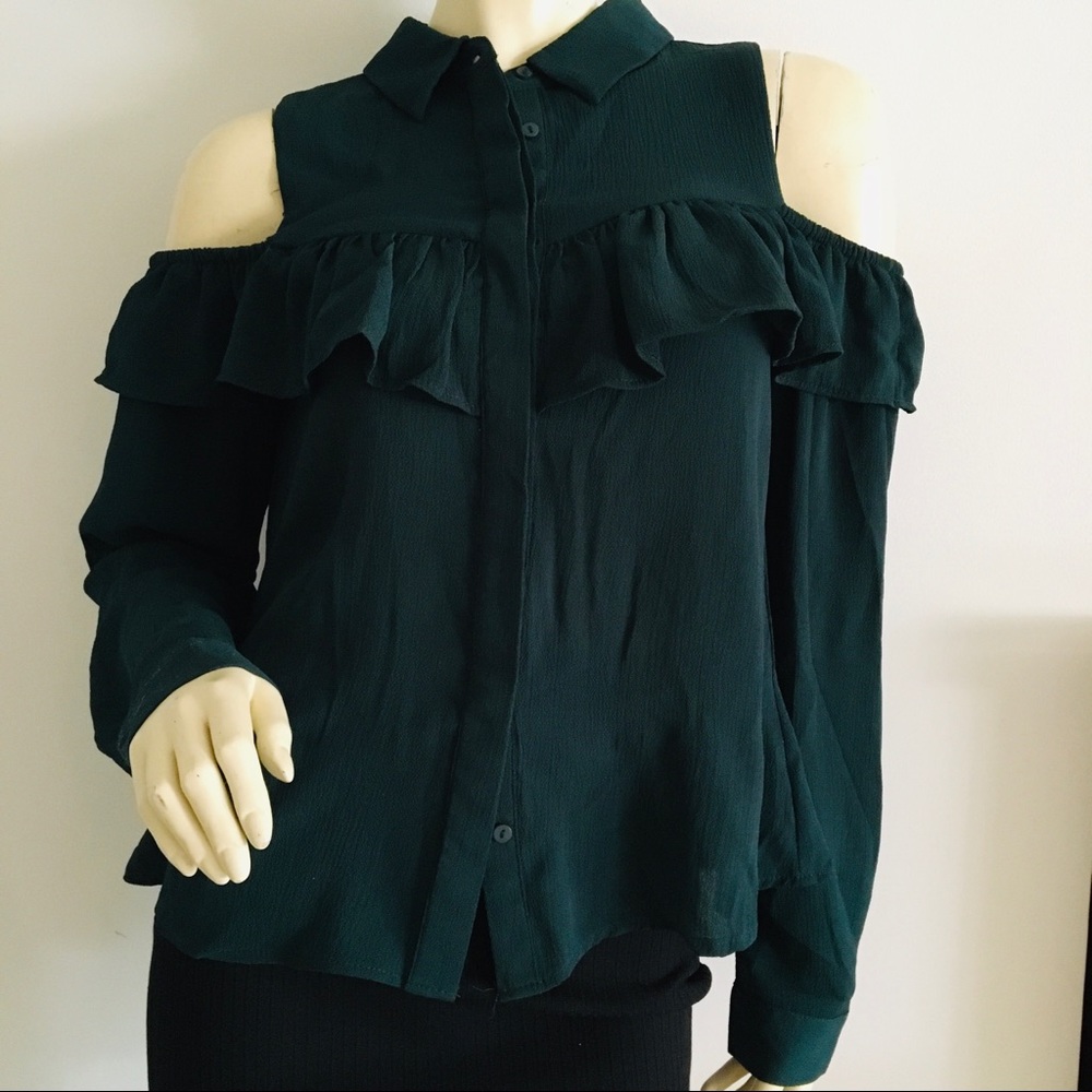 Ruffled Cold Shoulder Collared Button Do - image 1